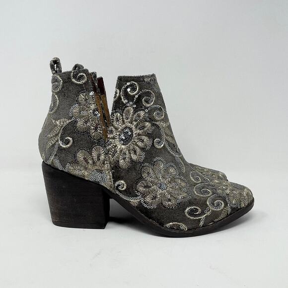 Naughty Monkey Seleni Ankle Boot Womens 9 Gray Sequin Velvet Western Embroidered - Picture 2 of 9